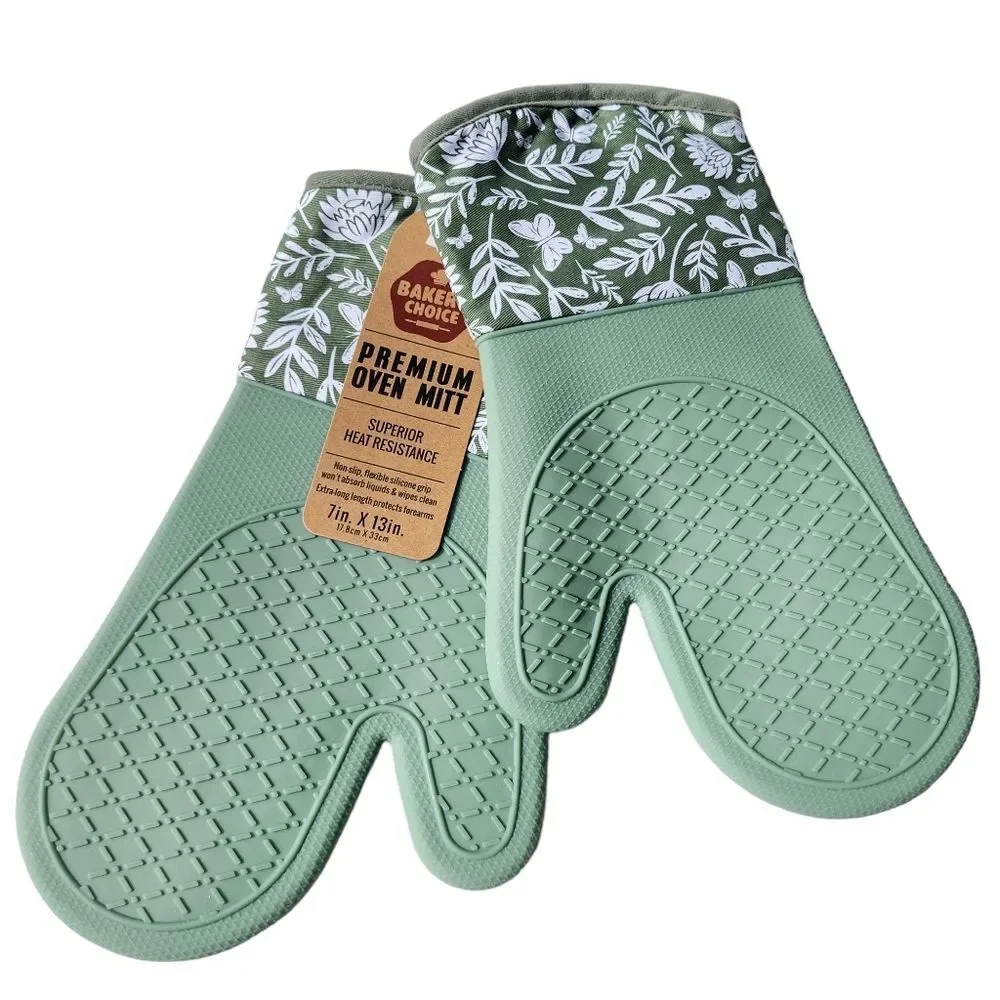 Bakers Choice Set of 2 Premium Cotton and Silicone Oven Mitts Printed Green 13in